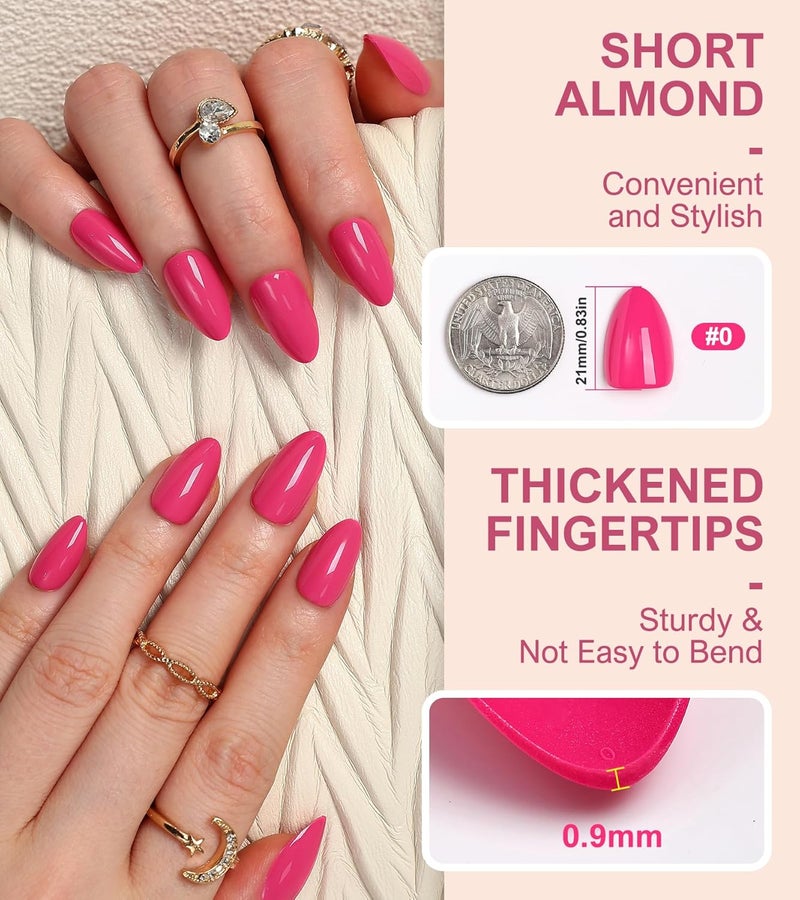 morily 30Pcs Hot Pink Press on Nails Almond, Short Fake Nails Glossy Acrylic False Nails Reusable Full Cover Stick on Nails for Women, 15 Sizes, Thicker Fingertips - Image 4